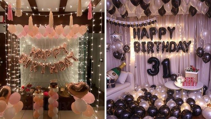 Feestelijk versierde kamers met ballonnen en lichtsnoeren aan de muur.